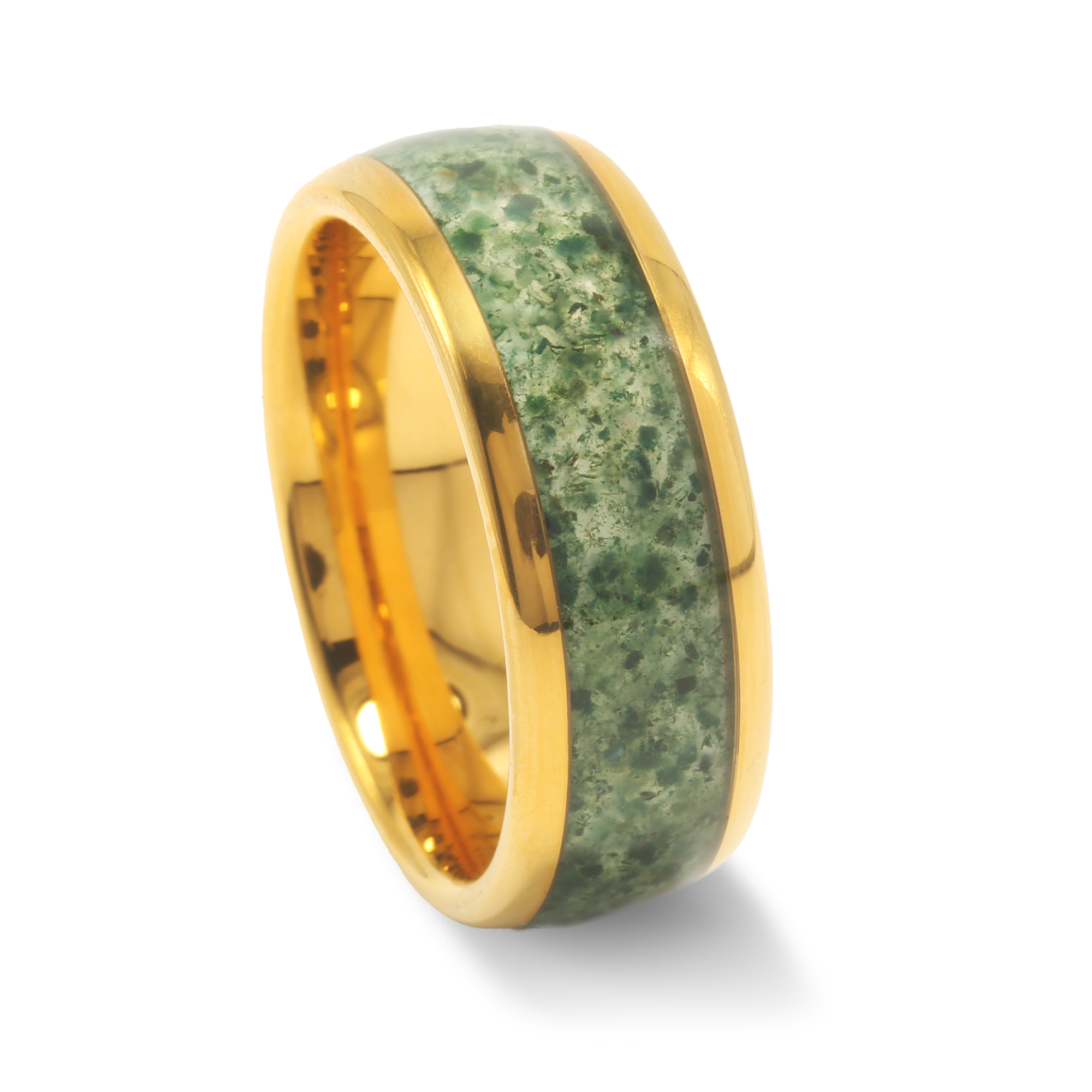Golden Grove Moss Agate Yellow Gold 8mm Tungsten Ring for Him