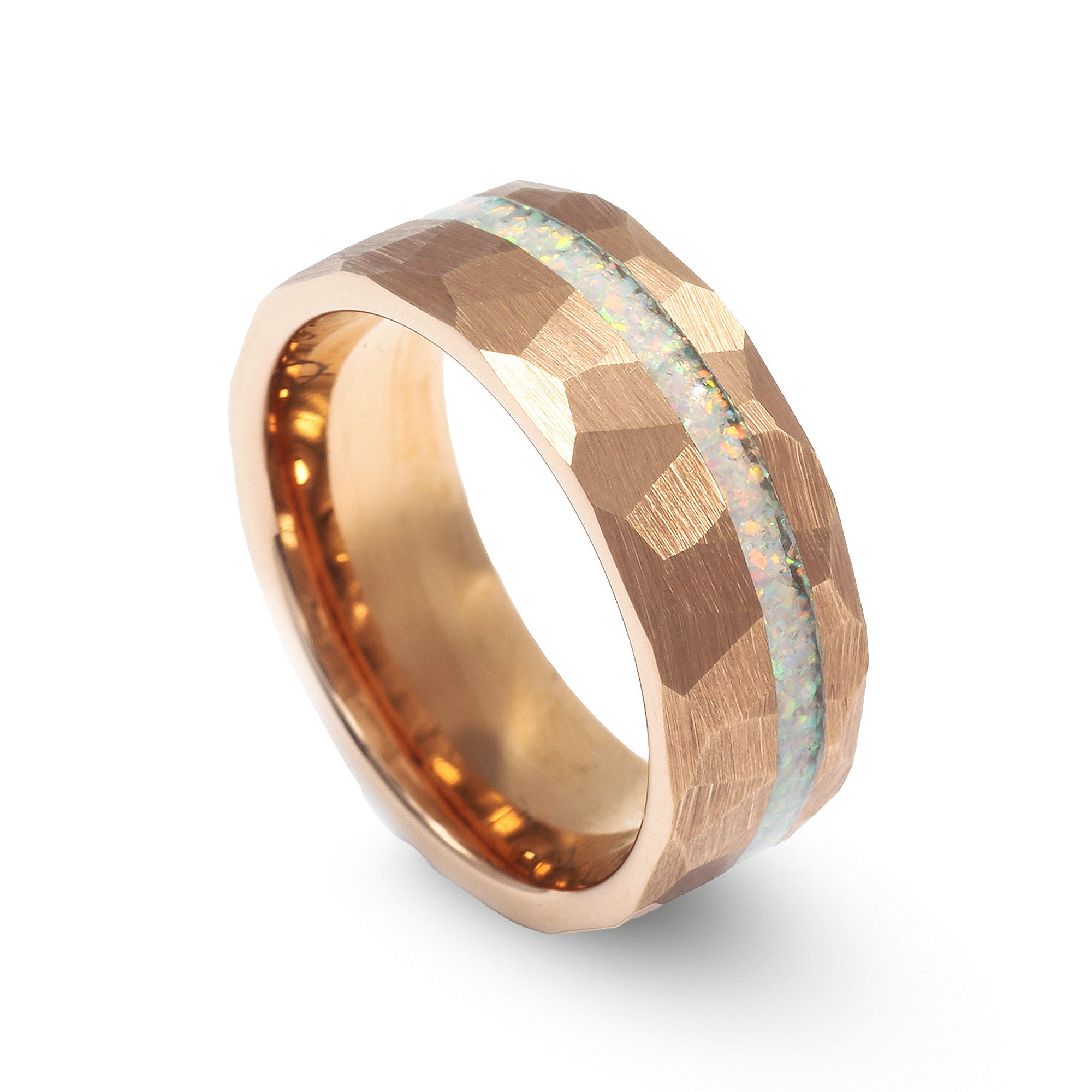 Luminous White Opal Inlay Ring – Rose Gold Plated Tungsten Men's