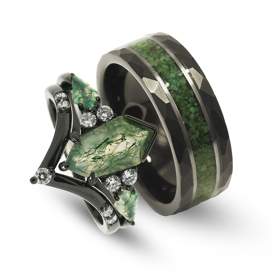 Ring Set – Moss Agate Nature-Inspired Wedding Bands in Black