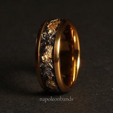 "Celestial Ember" Meteorite & Gold Leaf Wedding Band – Tungsten Carbide, Men's Promise Ring-8mm