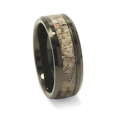 "Hunter’s Hook"  – Black Ring Antler and Fishing Hook Wedding Band for Outdoorsmen and Adventurous Couples