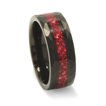 "Crimson Shadow" Black Tungsten Wedding Band with Red Ruby Birthstone  Inlay