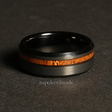 "Maui " Hawaiian Koa Wood,  Black Tungsten Carbide  Wedding Band, Beveled Black Men's Ring