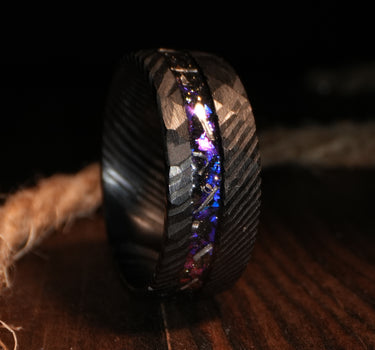 "Messenger" Meteorite and Sandstone Inlay Hammered Damascus Steel Ring