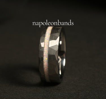 "October" White Fire Opal Inlay Hammered Tungsten Carbide Ring