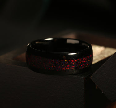 "Firefall" Black Fire Opal Dome Polish Tungsten Carbide Ring