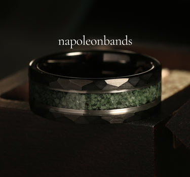 "Jasper" Crushed Moss Agate Silver Strip Black Hammered Tungsten Carbide Ring 8mm