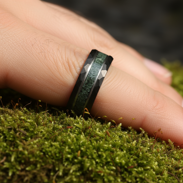 Jasper'' Moss Agate, Black Hammered Tungsten Ring – napoleonbands Jasper'' Moss Agate, Black Hammered Tungsten Ring – napoleonbands