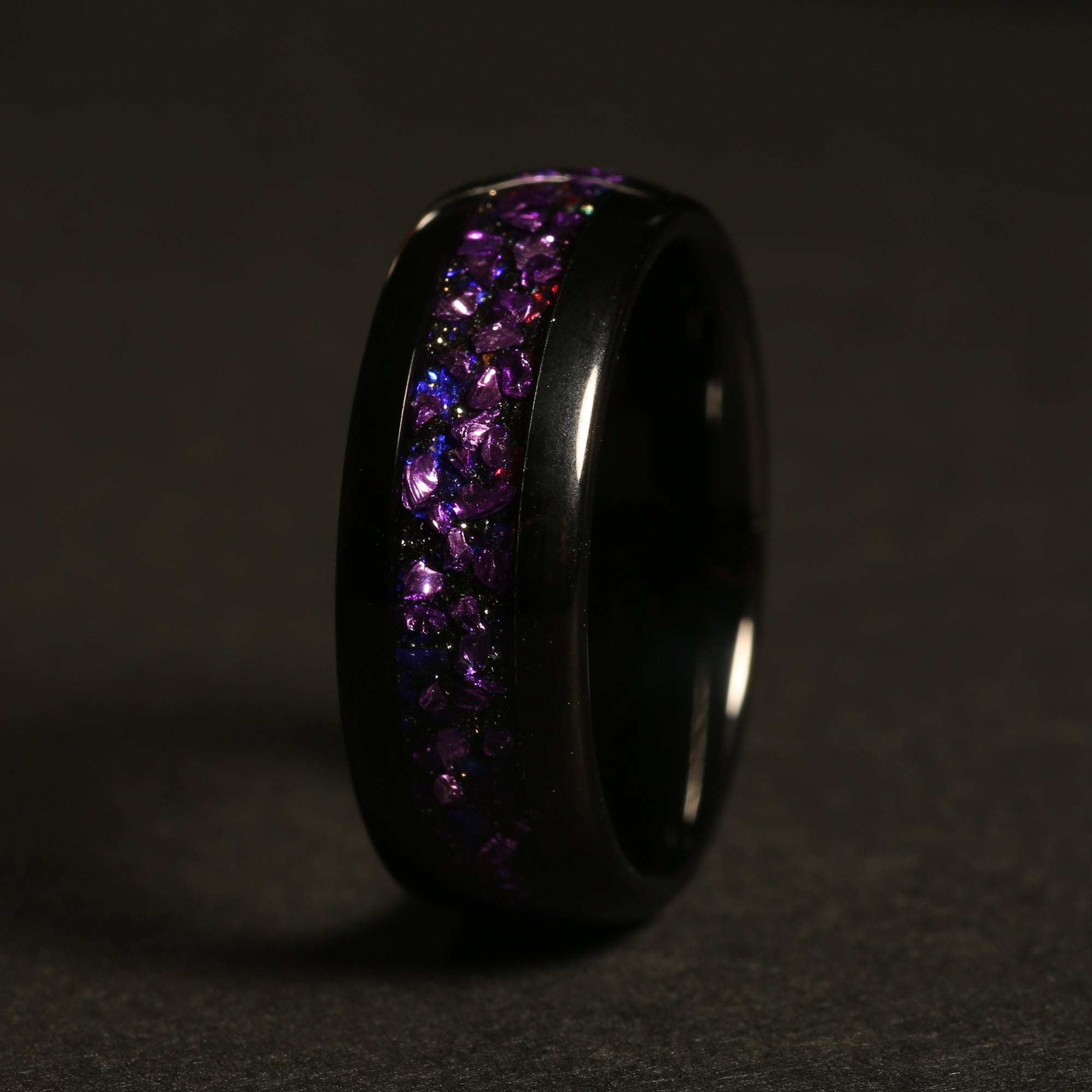 Black Tungsten Ring With Purple Interior – Matte Finish, Beveled Edges, Comfort Fit Wedding Band For Men & Women