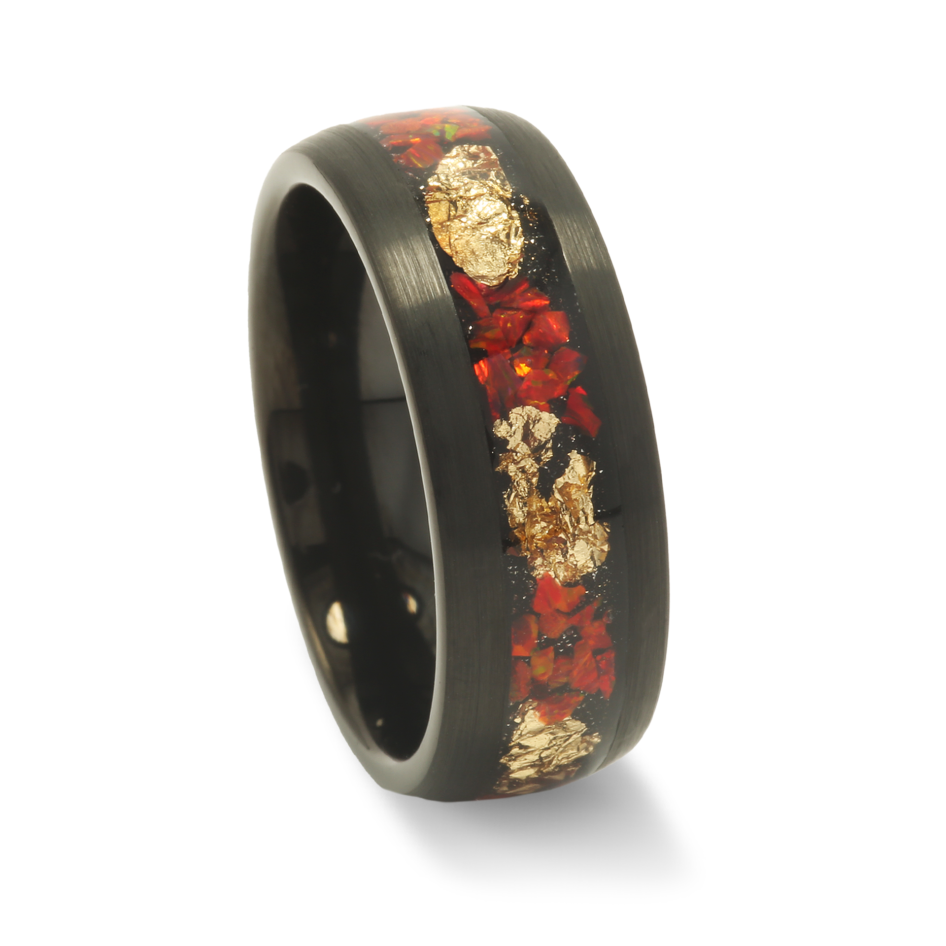Crimson Nebula Fire Opal & Gold Tungsten Wedding Band – napoleonbands