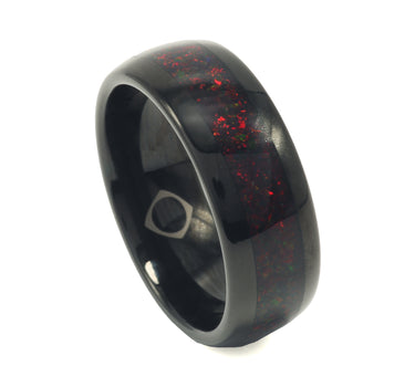 "Firefall" Black Fire Opal Dome Polish Tungsten Carbide Ring