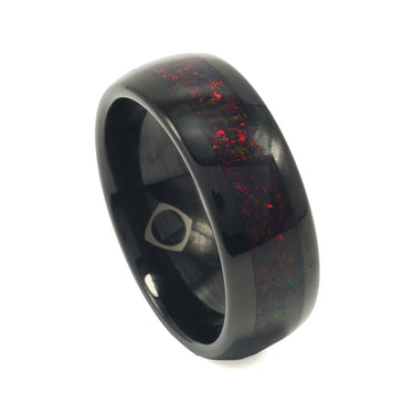 "Firefall" Black Fire Opal Dome Polish Tungsten Carbide Ring, 8mm