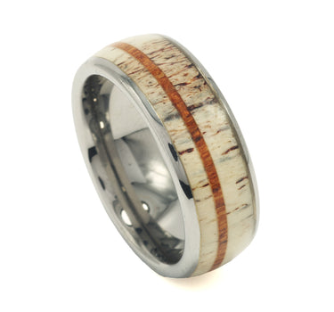 "Wildwood" Deer Antler Koa Wood Dome Polished Tungsten Carbide Ring