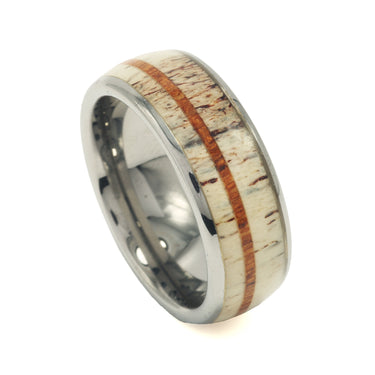 "Wildwood" Deer Antler Koa Wood Dome Polished Tungsten Carbide Ring, 8mm