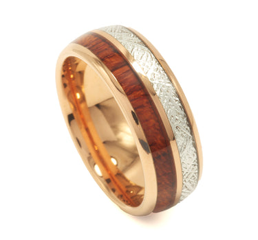 "Blaze" Koa Wood Meteorite Inlay Rose Gold Dome Polished Tungsten Carbide Ring 8mm