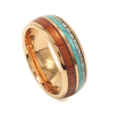 "Buck" Deer Antler Koa Wood Turquoise Dome Polished Rose Gold Tungsten Carbide Ring 8mm