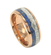 "Pharaoh" Blue Lapis Lazuli Meteorite Silver Arrow Rose Dome Polish Rose Gold Tungsten Carbide Ring, 8mm