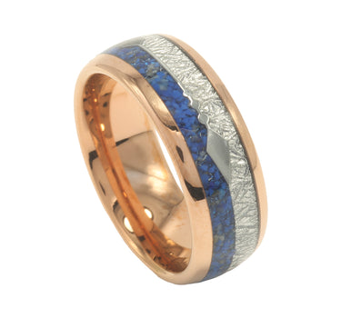 "Pharaoh" Blue Lapis Lazuli Meteorite Silver Arrow Rose Dome Polish Rose Gold Tungsten Carbide Ring