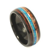 "Kauai" Hawaiian Koa wood Opal Rose Gold Strip Dome Polished Black Tungsten Carbide Ring, 8mm