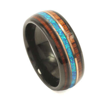 "Kauai" Hawaiian Koa wood Opal Rose Gold Strip Dome Polished Black Tungsten Carbide Ring