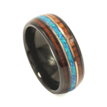 "Kauai" Hawaiian Koa wood Opal Rose Gold Strip Dome Polished Black Tungsten Carbide Ring, 8mm