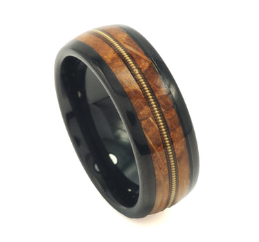 "Chester" Gold Guitar String Whiskey Barrel Dome Polished Black Tungsten Carbide Ring