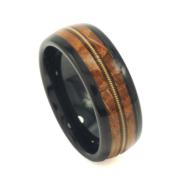 "Chester" Gold Guitar String Whiskey Barrel Dome Polished Black Tungsten Carbide Ring, 8mm