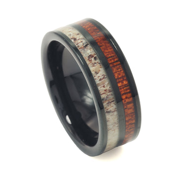 'Brutus' Deer Antler Koa Wood Black Tungsten Carbide Ring