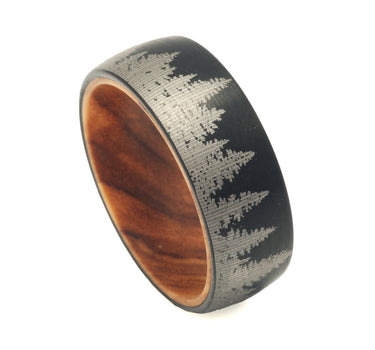 "Evergreen" Tree Design Surface with Whiskey Barrel Inner Ring Black Tungsten Carbide Ring 8mm