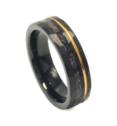 "Eden" Pink Sand from Komodo Island and Yellow Gold Strip Hammered Tungsten Carbide Ring, 6mm