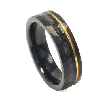 "Eden" Pink Sand from Komodo Island and Yellow Gold Strip Hammered Tungsten Carbide Ring