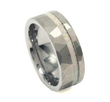 "October" White Fire Opal Inlay Hammered Tungsten Carbide Ring