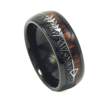 "Hunter" Steel Arrow Design Koa Wood Meteorite Dome Polish Tungsten Carbide Ring 8mm