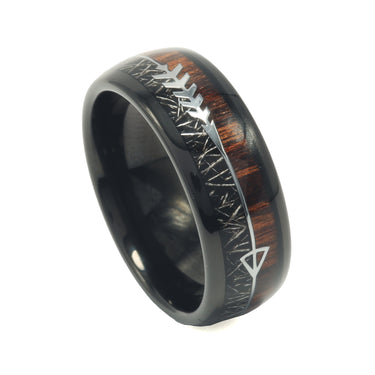 "Hunter" Steel Arrow Design Koa Wood Meteorite Dome Polish Tungsten Carbide Ring 8mm