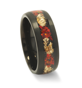 "Crimson Nebula " Crushed Red Fire Opal Yellow Gold Leaf Inlay and  Black Tungsten Wedding Band Brushed Dome Finish-8mm