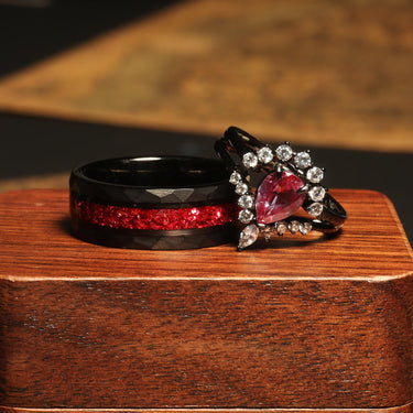 "Crimson Lume" Ring Set – Ruby & Alexandrite Couples Rings, Black Tungsten & Sterling Silver Wedding Bands