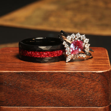 "Ember Glow" Ring Set – Ruby & Alexandrite Couples Rings, Black Tungsten & Sterling Silver Wedding Bands