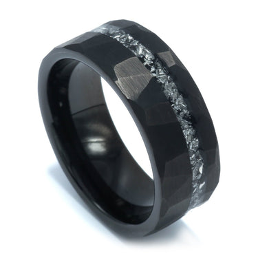 "Moon" Meteorite Inlay, Tungsten Carbide, Hammered Finish-8mm