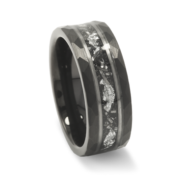 "Silver Artemis" Black Hammered Tungsten Wedding Band with Silver Meteorite and Gold Leaf Inlay