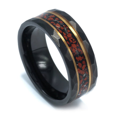 "T-rex" Meteorite, Red Dinosaur Bone, Rose Gold Strip Inlay, Tungsten Carbide, Hammered Design-8mm