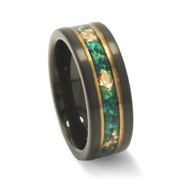 "Emerald Flame" Black Tungsten Wedding Band with Green Fire Opal and 24K Gold Leaf Accents for Men