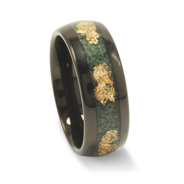 "Forest Glow" Crushed Green Moss Agate, Yellow Gold Leaf Black Tungsten Carbide for Men-8mm