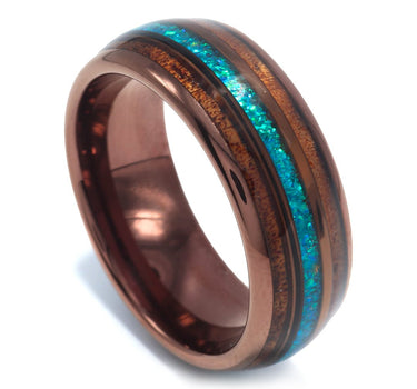 "Islander" Crushed Opal & Exotic Koa Wood, Coffee Rose Gold Tungsten Carbide-8mm