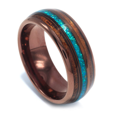 "Islander" Crushed Opal & Exotic Koa Wood, Coffee Rose Gold Tungsten Carbide-8mm