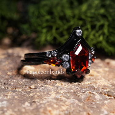 "Crimson Nocturne" –  Red Garnet Black Rhodium Engagement Ring with Diamond Accents