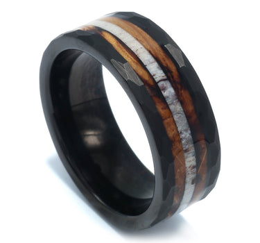 "Adventurer" Deer Antler Whiskey Barrel Black Hammered Tungsten Carbide Ring