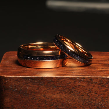 "Cosmo Flare" Ring Set – Rose Gold Galaxy Wedding Bands, Sandstone Nebula His and Hers Rings