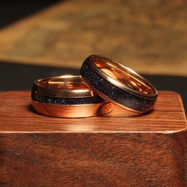 "Orion flare" Ring Set – Rose Gold Galaxy Wedding Bands, Sandstone His and Hers Couples Rings