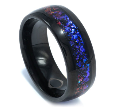 "Astronomer" Crushed Blue Sandstone Inlay, Tungsten Carbide, Black Domed Design, Men's Wedding Ring, 8mm