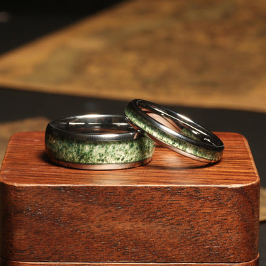 "Verdant Vow" Moss Agate Ring Set – His and Hers Wedding Bands, Matching Silver Tungsten Couples Rings, Nature-Inspired Promise Rings